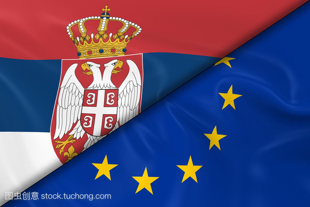 塞尔维亚和欧盟的旗帜划分对角-3d 渲染的塞尔
