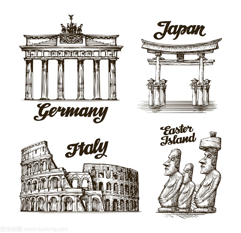 旅行。手的素描画的德国,日本,意大利,复活节岛