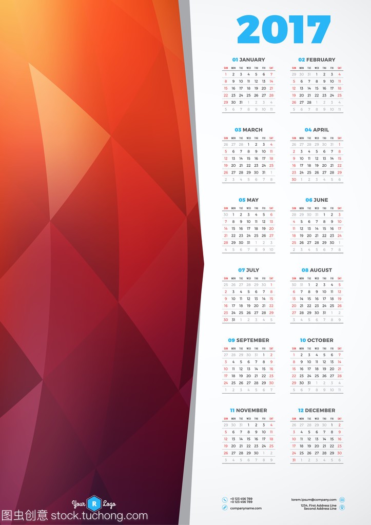 Calendar Design Template for 2017 Year. Wee