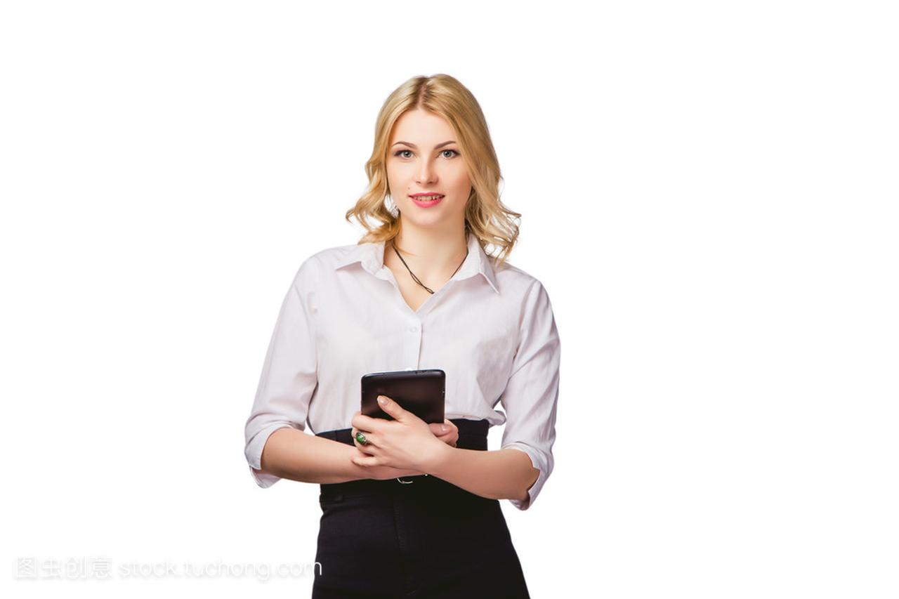 在手中,联机帮助的平板电脑在白色背景上的女