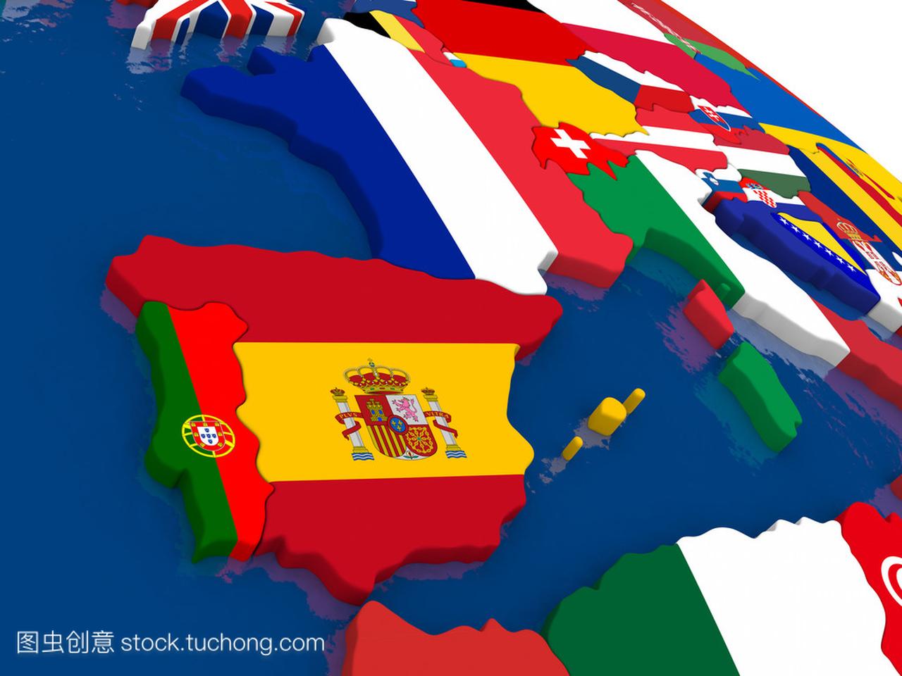 西班牙和葡萄牙 3d 地图与标志