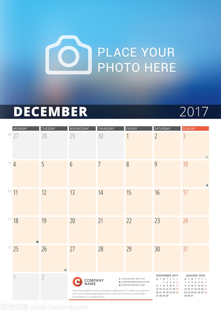 Wall Calendar Planner for 2017 Year. Vector D
