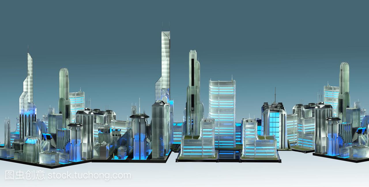 虚拟城市的未来玻璃 3d 渲染的模型摩天大楼