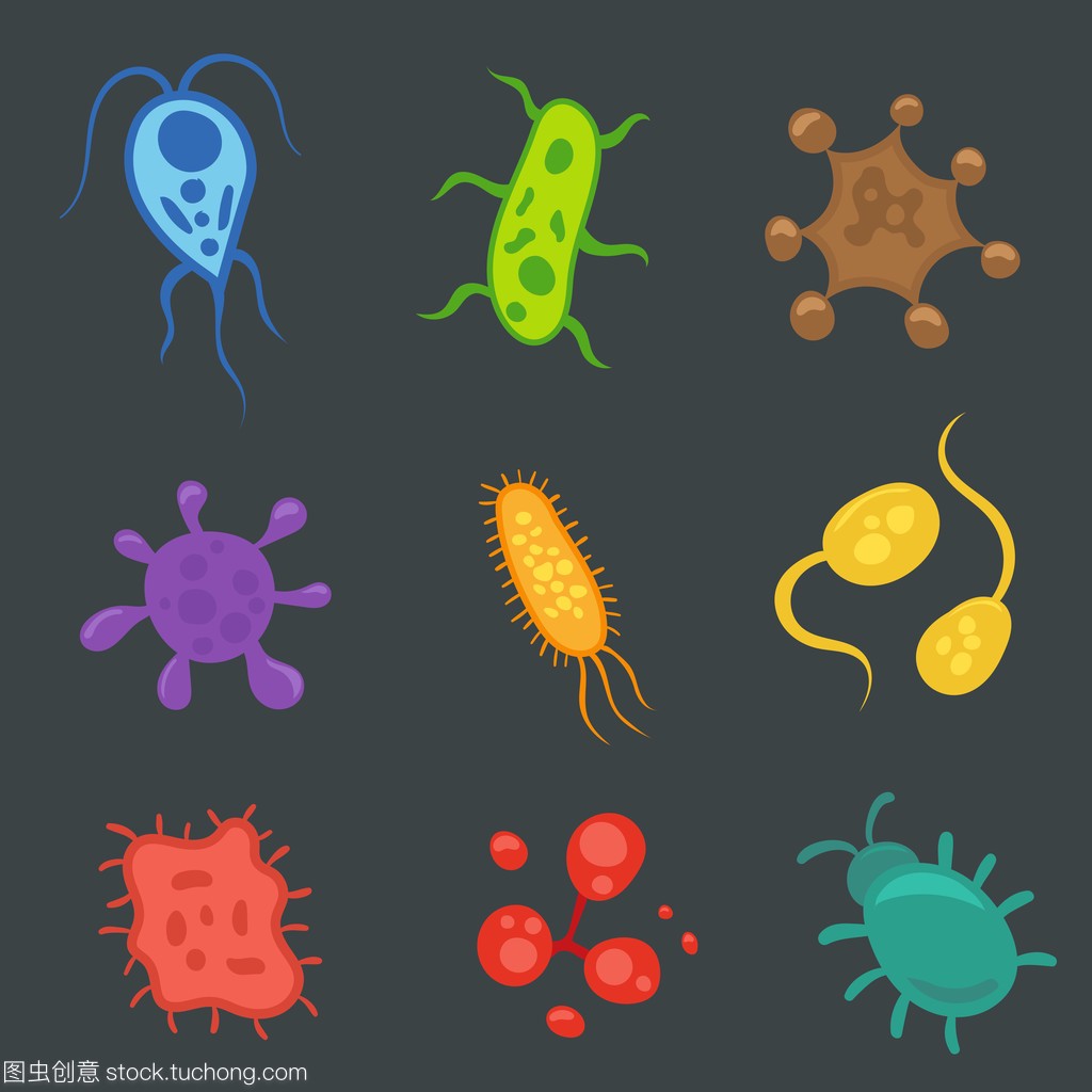 设置病毒和细菌。显微镜下的生物体。在黑暗的背景中分离