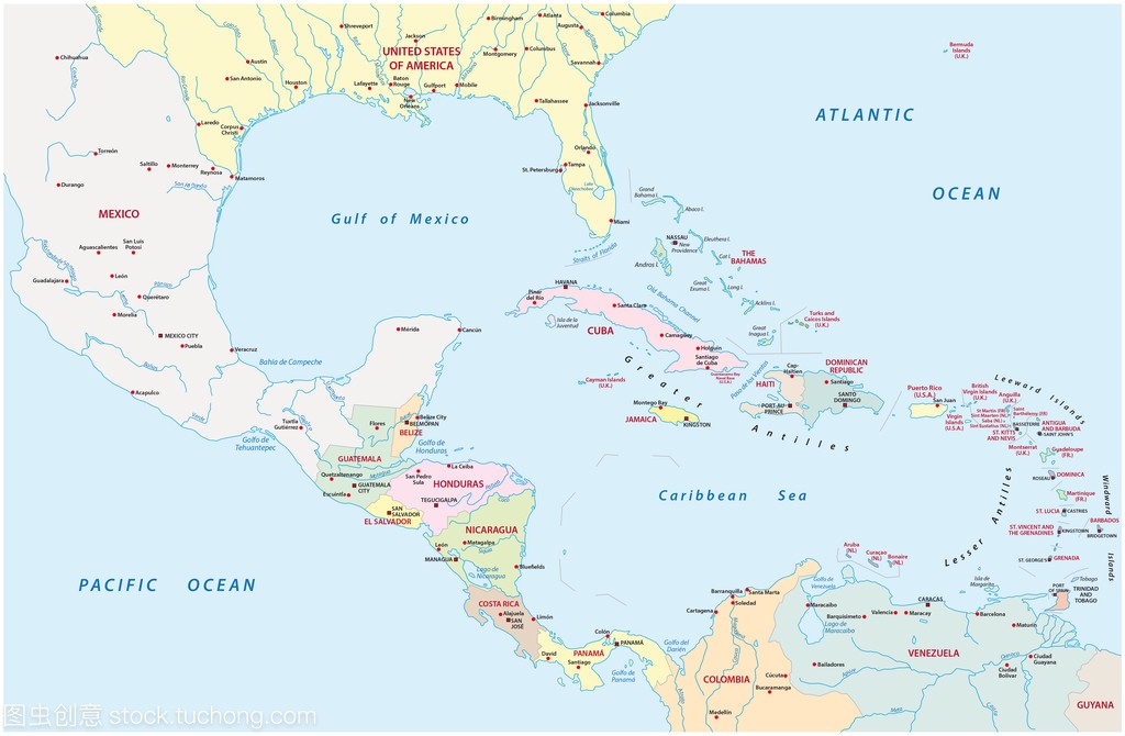 中美洲和加勒比国家的行政地图