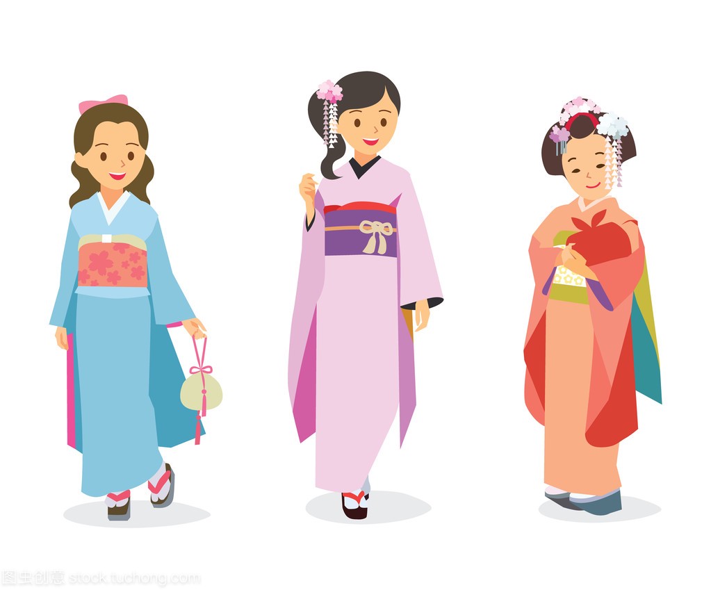 矢量卡通图可爱的女孩,在日本的传统服装和服