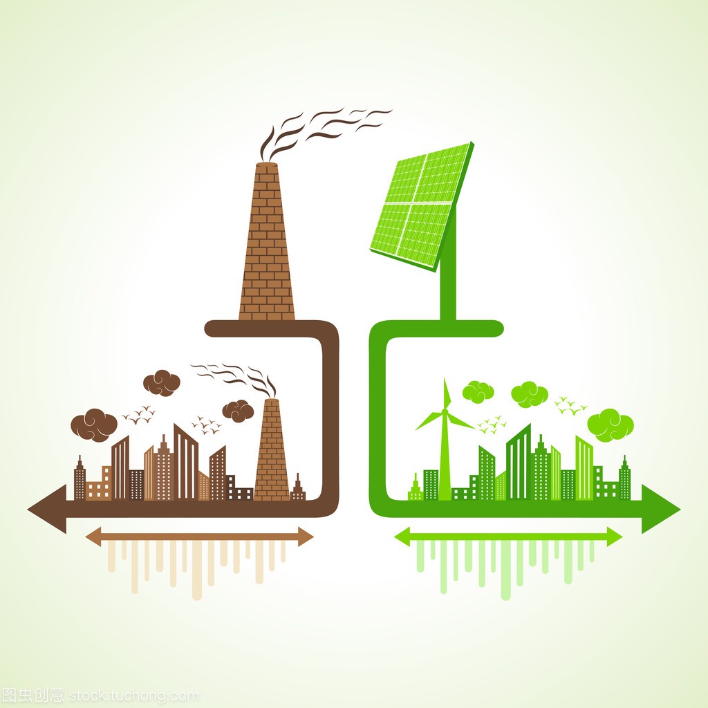 生态和污染严重的城市概念与太阳能电池板和烟