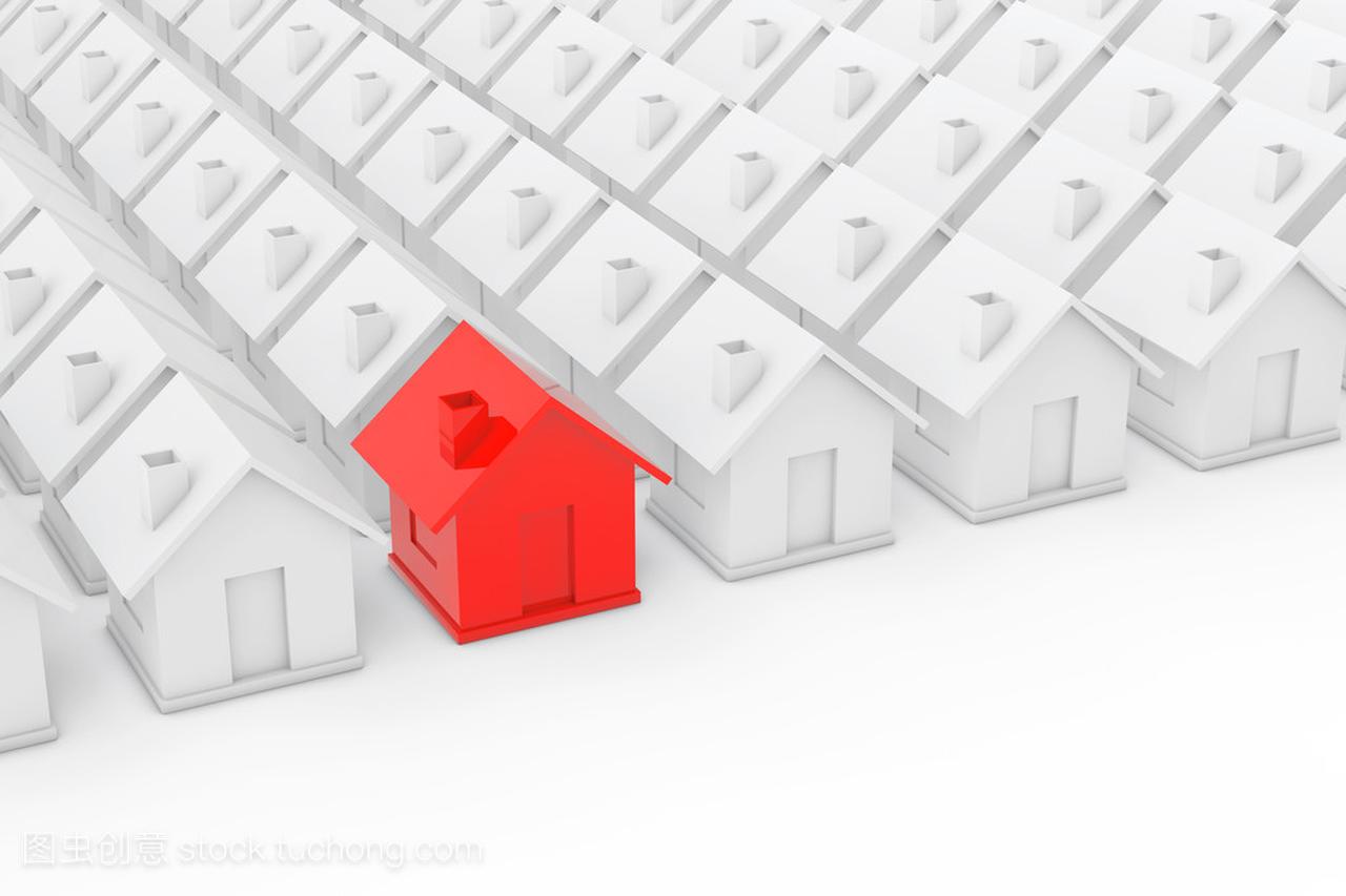 房地产物业行业概念。红房子在白色之间