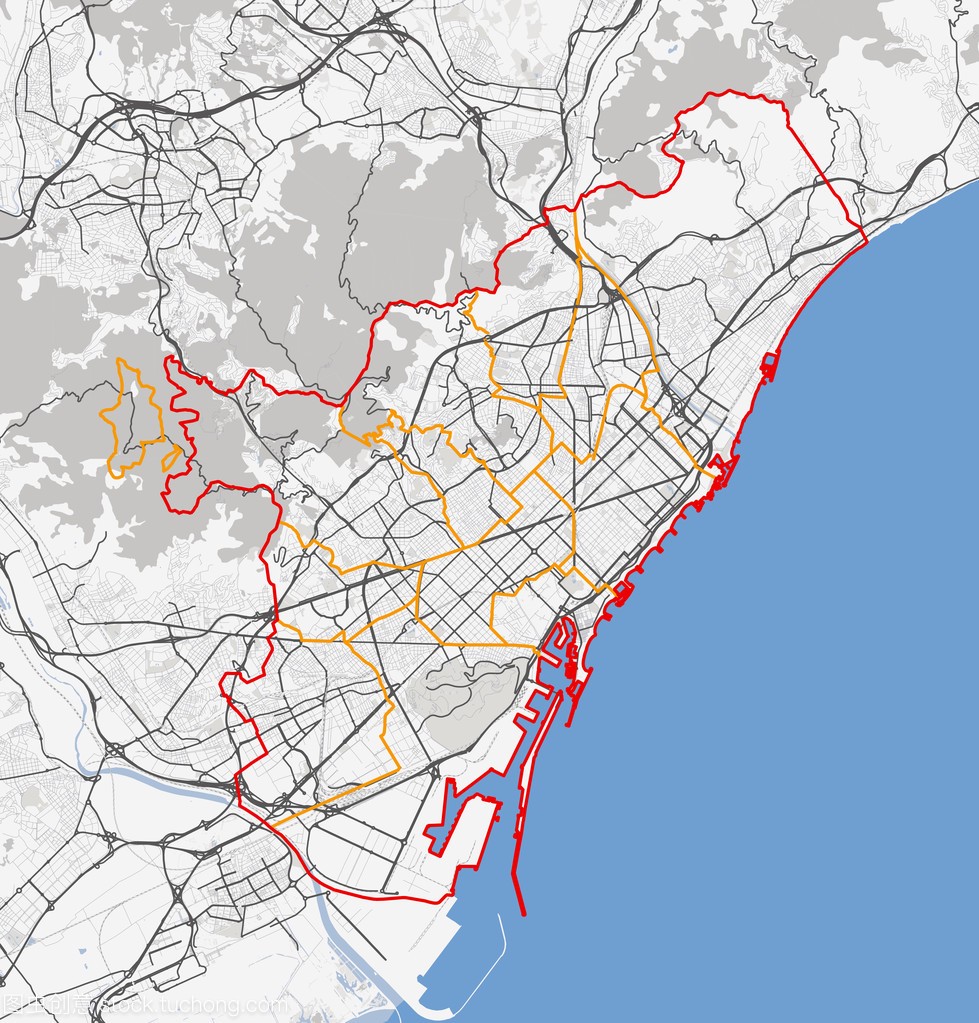 巴塞罗那的城市地图。道路