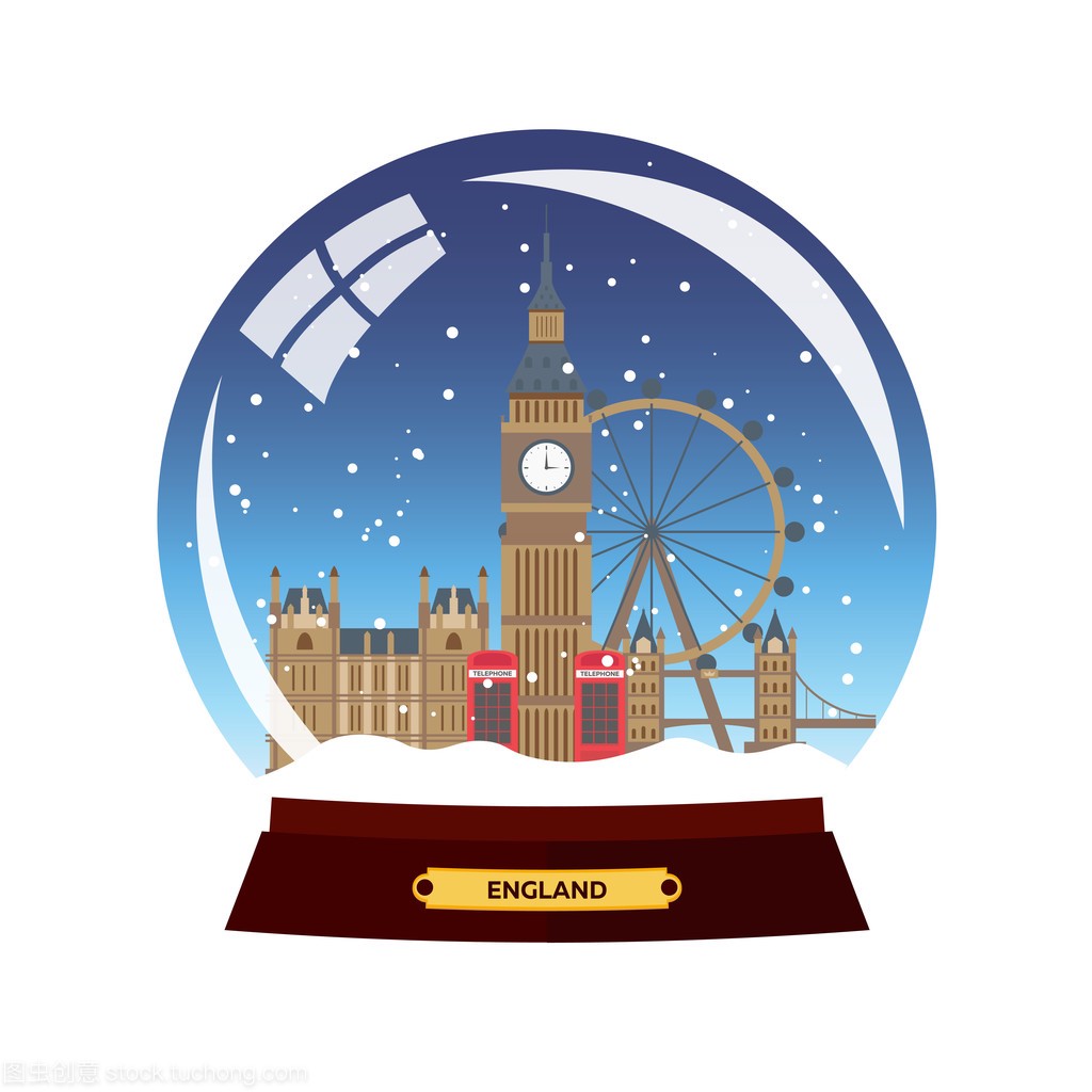 雪环球城。伦敦在雪花玻璃球。冬季旅游矢量图