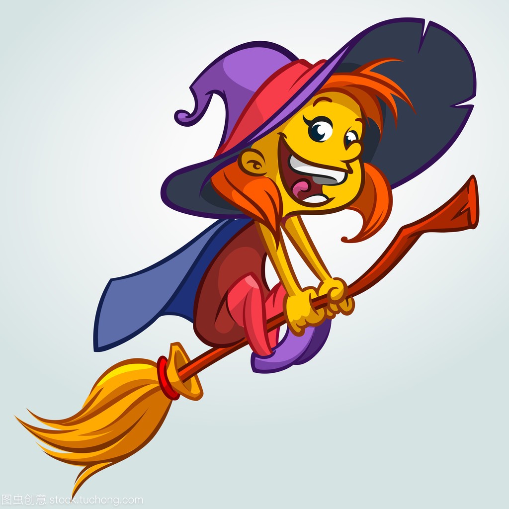 Cute witch flying on a broom. Vector Halloween illustration with a cute girl in witch costume flying ob a broom