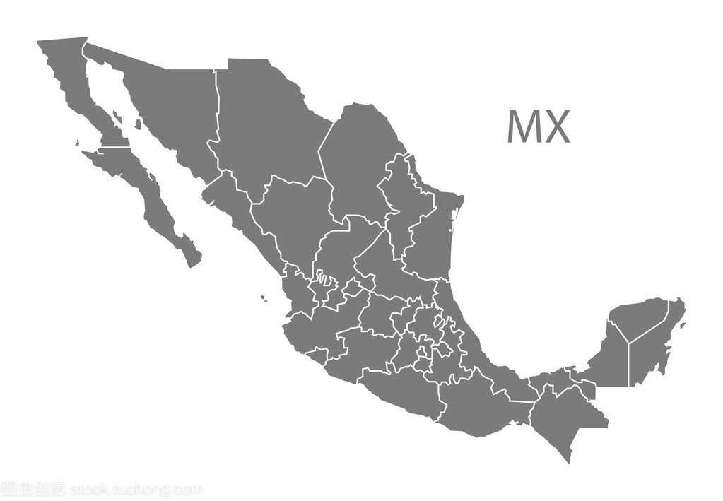 墨西哥地图与孤立的联邦州灰色