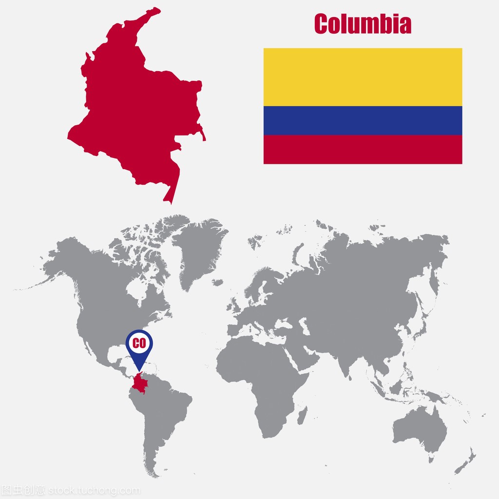 哥伦比亚国旗的世界地图上的映射,并映射指针