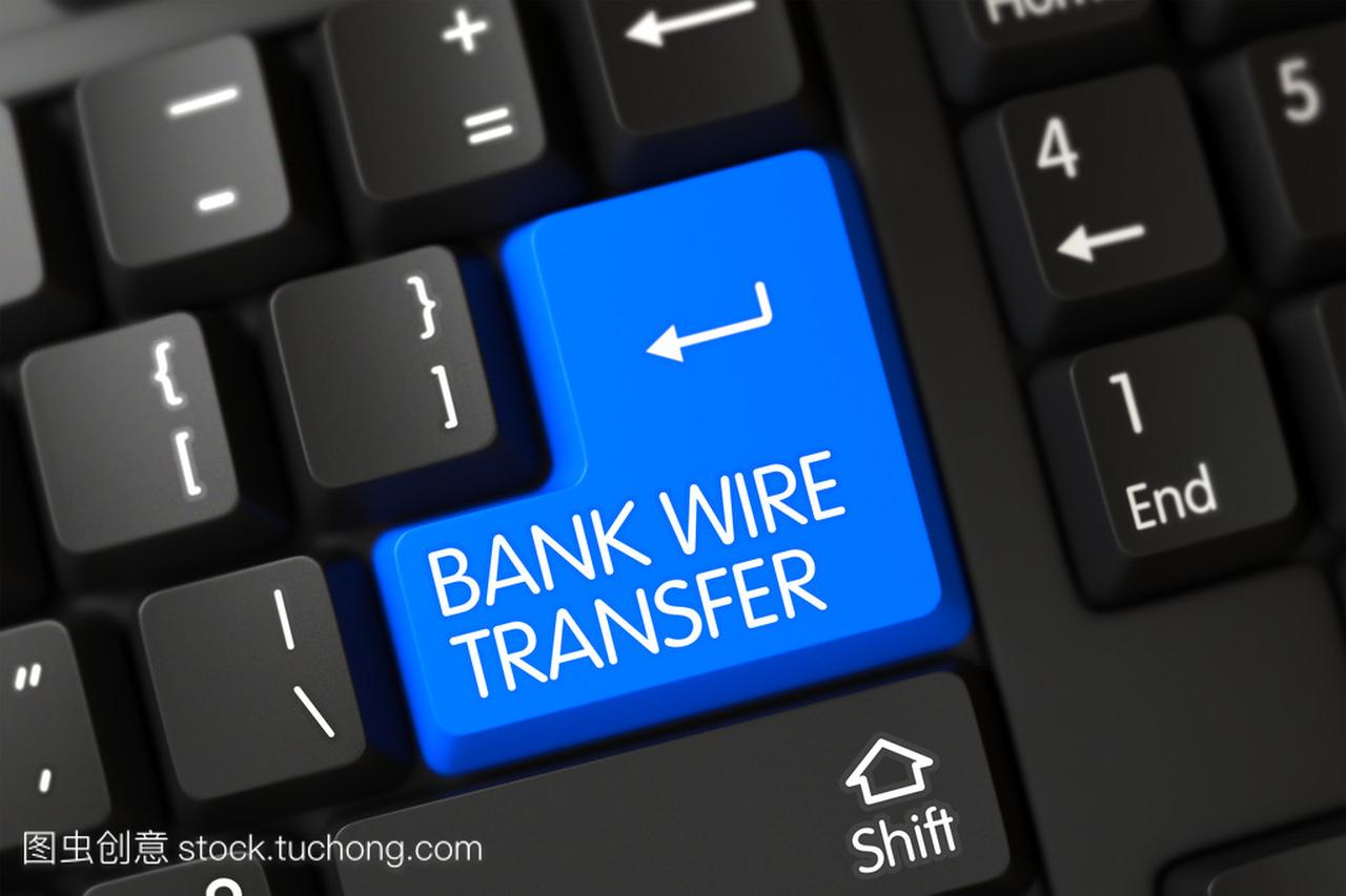 Blue Bank Wire Transfer Key on Keyboard. 3D