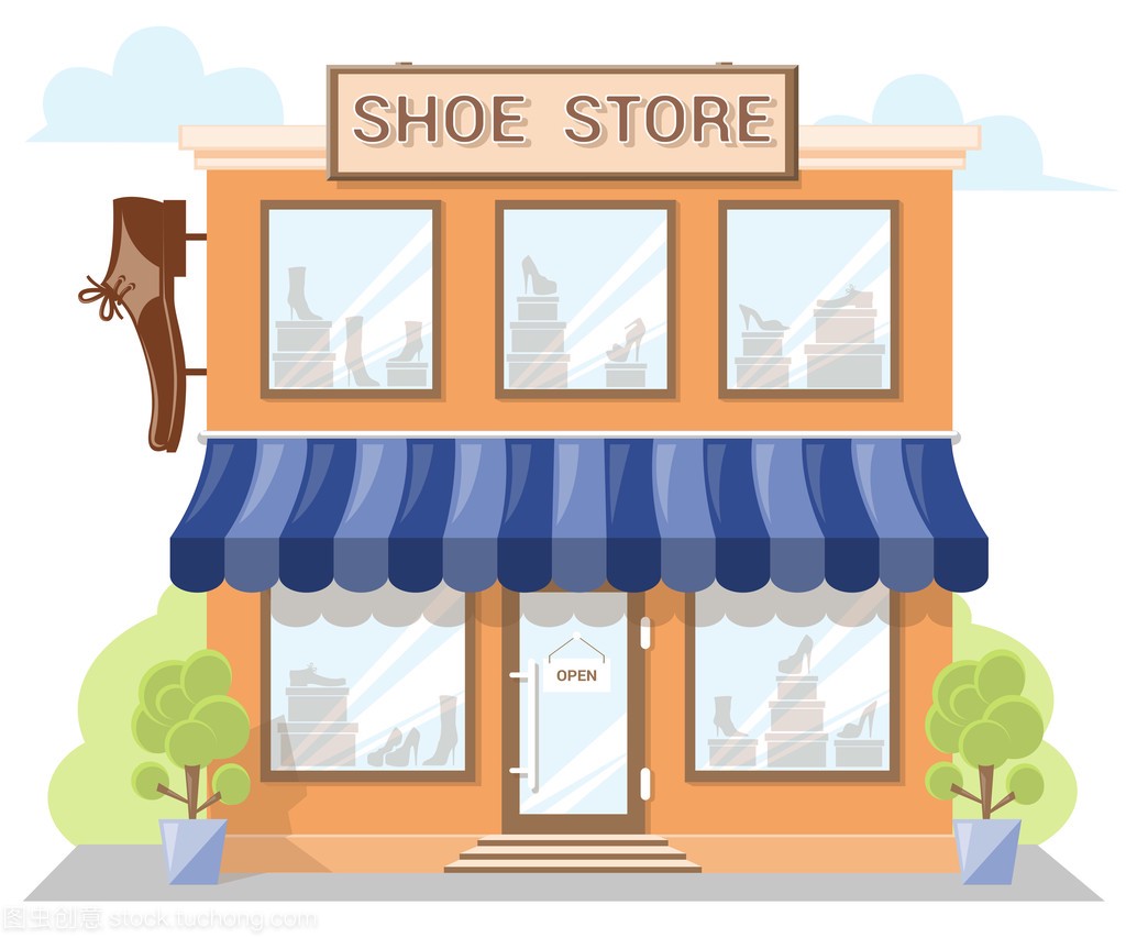 Facade shoe store with asignboard, awning and products in shopwindow. Abstract image in a flat design. Front shop for Concept brochure or banner. Vector illustration isolated on white background