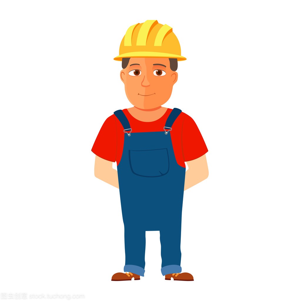 快乐卡通修理工或建筑工人戴着安全帽子。矢量