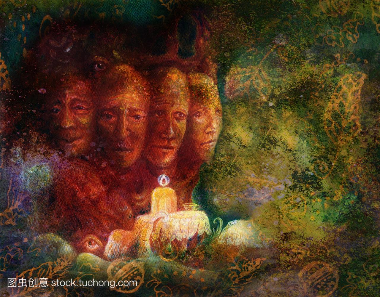 Sacred tree of four faces, fantasy colorful 