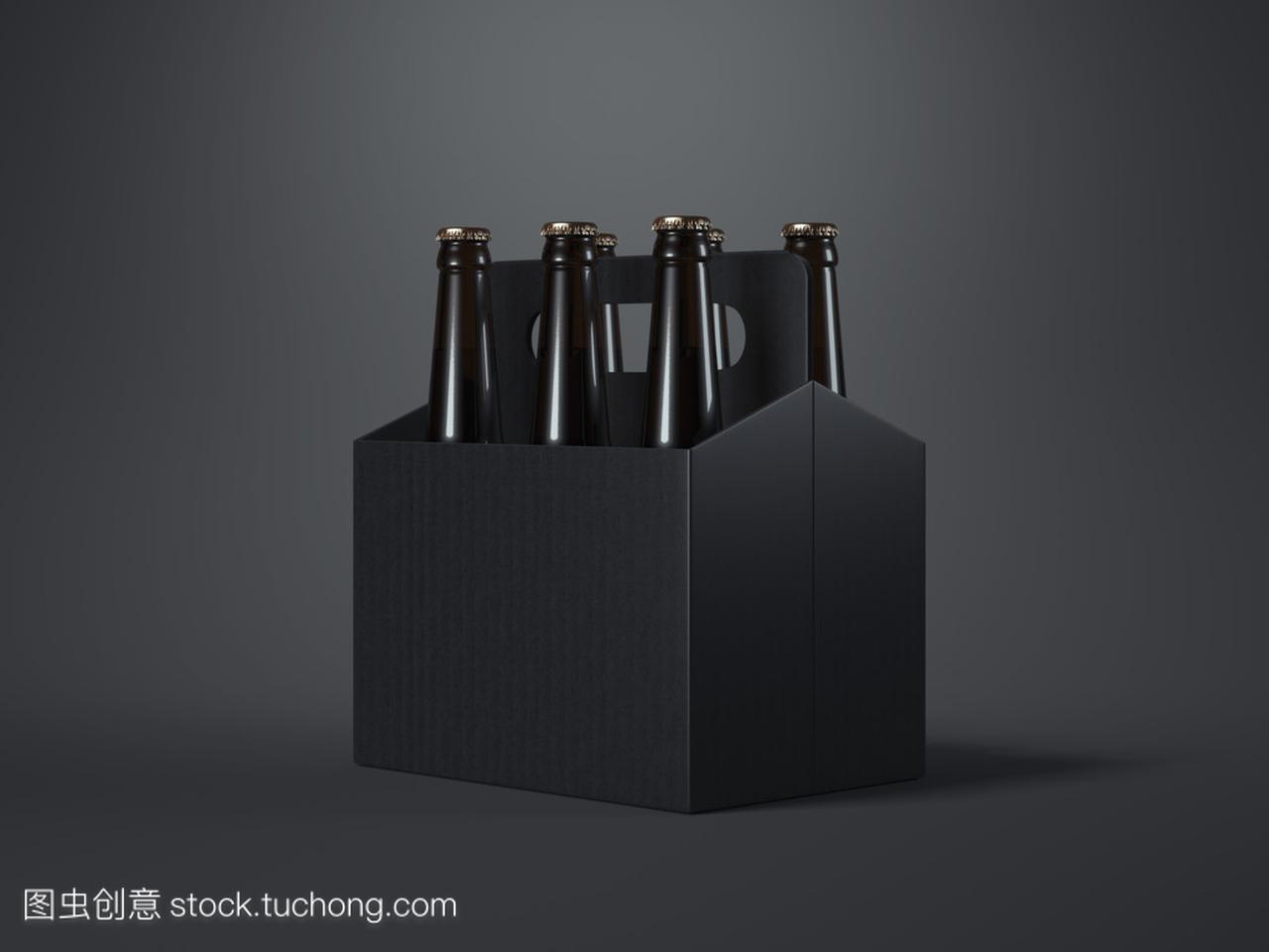 黑色的空白啤酒包装与棕色瓶子。3d 渲染