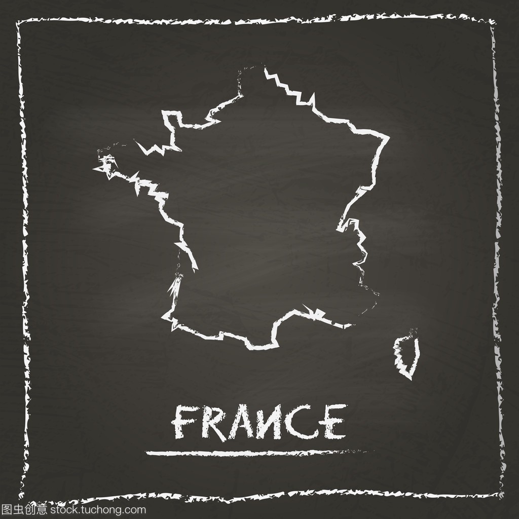 在黑板上用粉笔绘制的法国轮廓矢量地图手