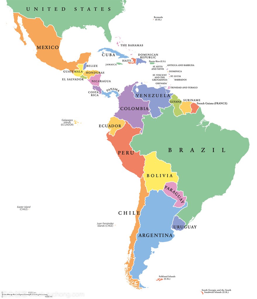 拉丁美洲单国家政治地图