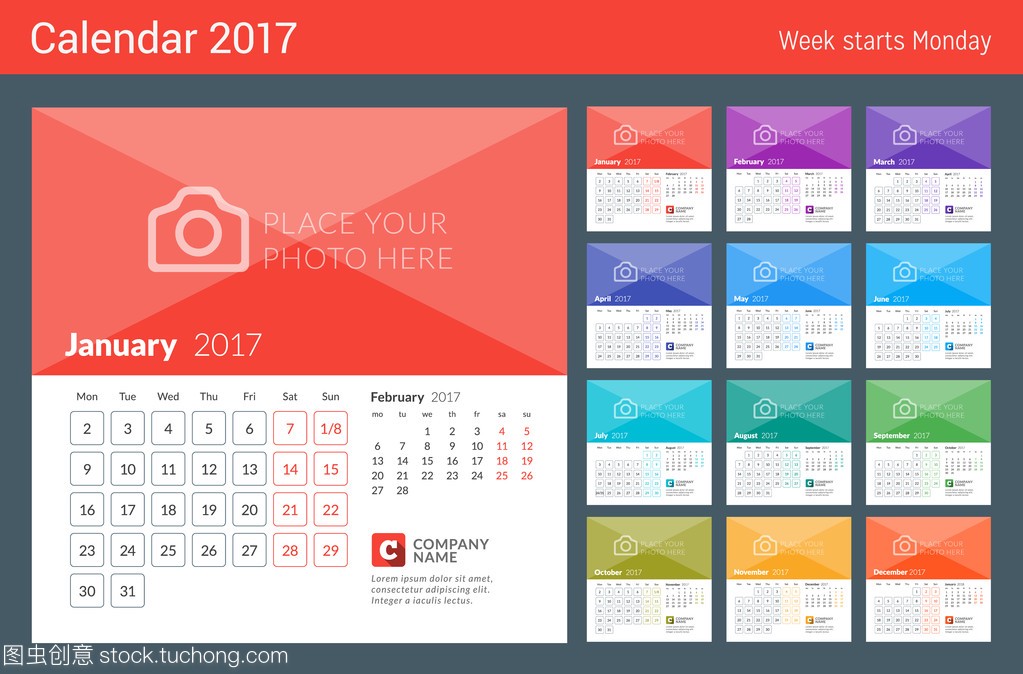 Calendar for 2017 Year. Week Starts Monday. 