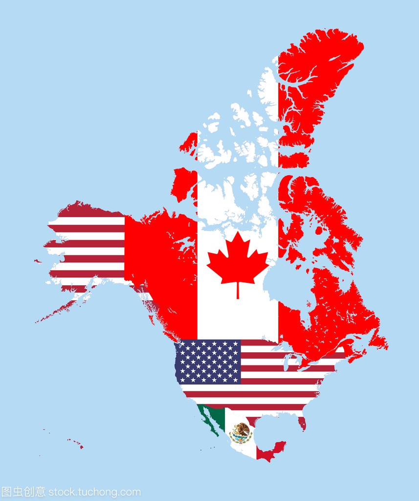 加拿大、 美国和墨西哥地图结合标志