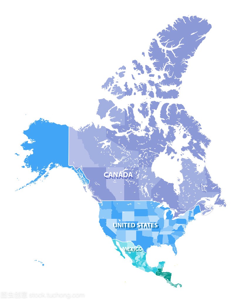 北美高详细的矢量地图与加拿大、 美国和墨西