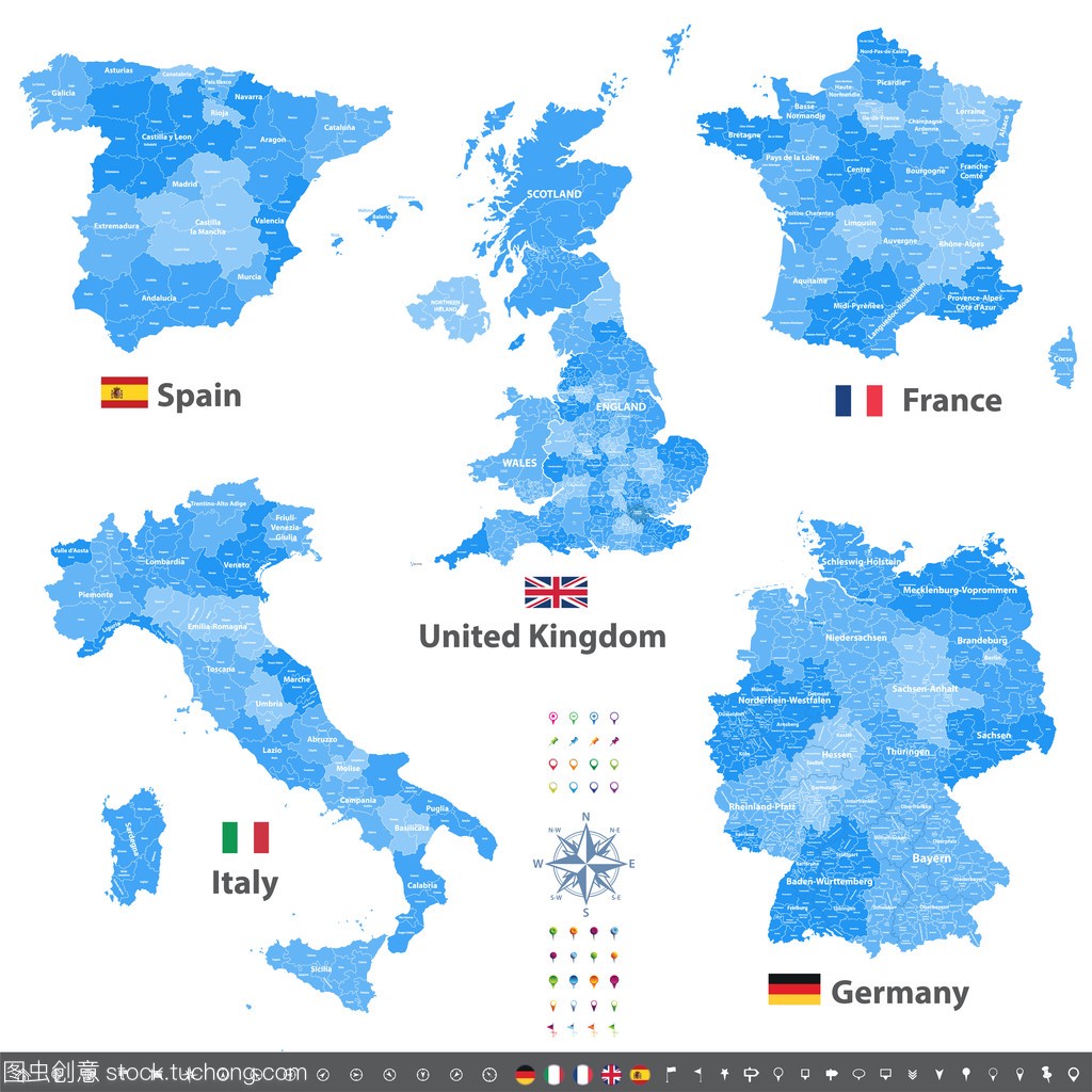 矢量地图的联合王国、 意大利、 德国、 法国和