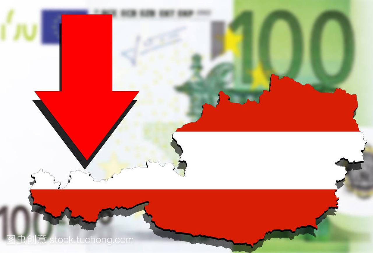 奥地利地图上欧元钱背景和红色箭头键向下