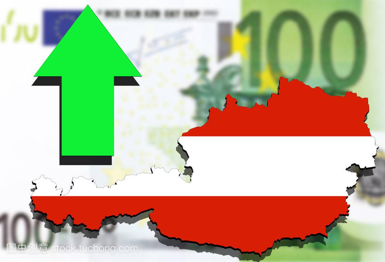 奥地利地图上欧元钱背景向上的绿色箭头