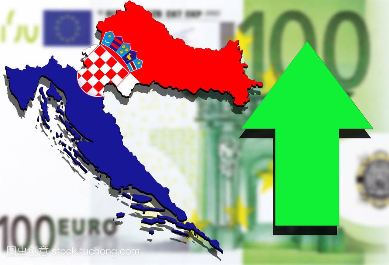 克罗地亚地图上欧元钱背景向上的绿色箭头