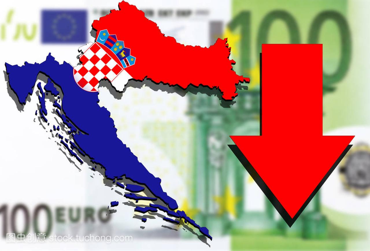克罗地亚地图上欧元钱背景和红色箭头键向下