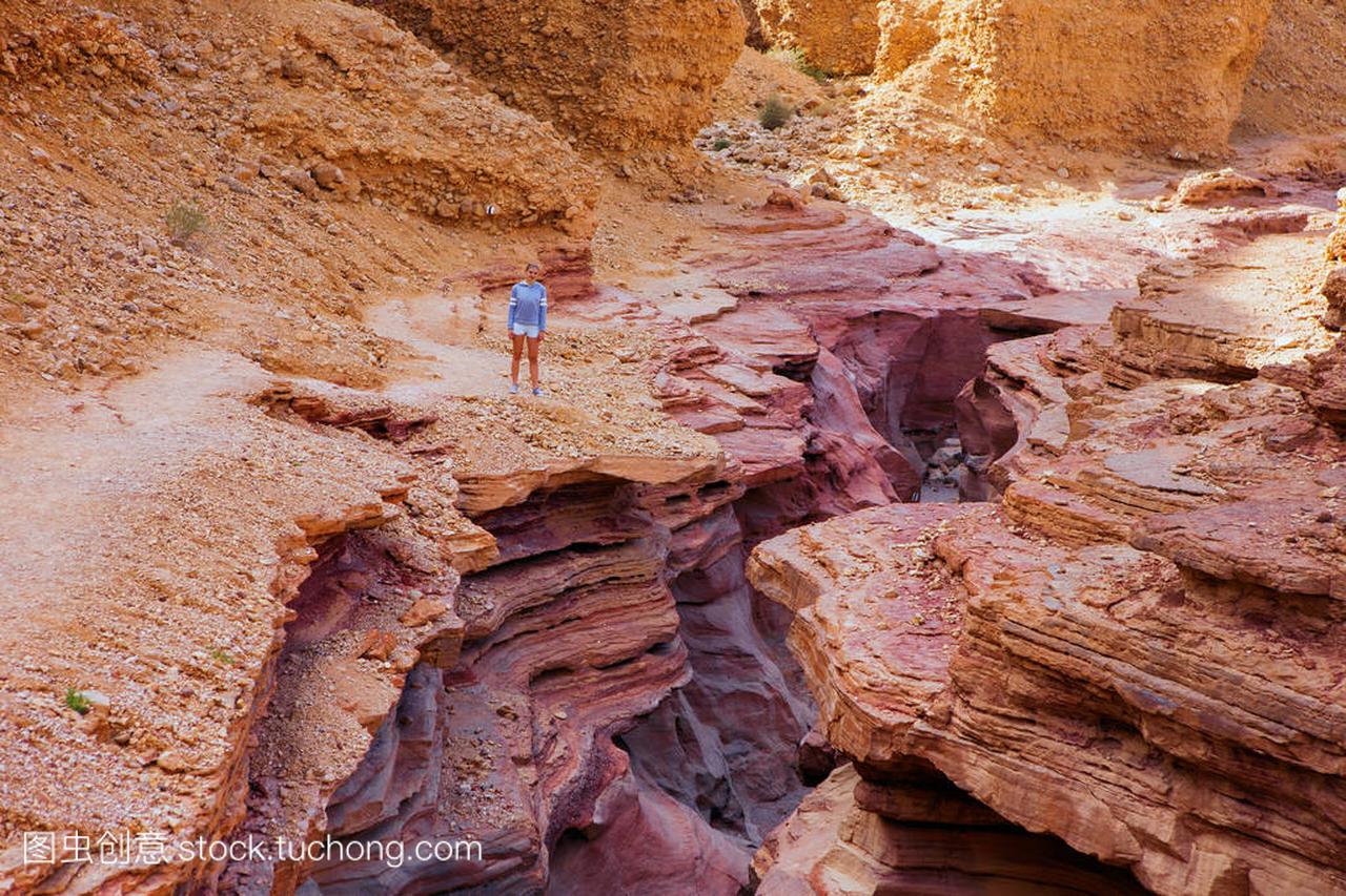年轻女人站在以色列红峡谷旅游景点