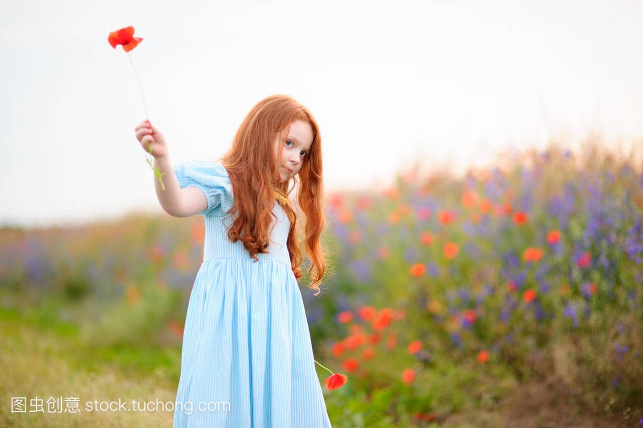 在夏日户外玩野生花卉的红发小孩女孩