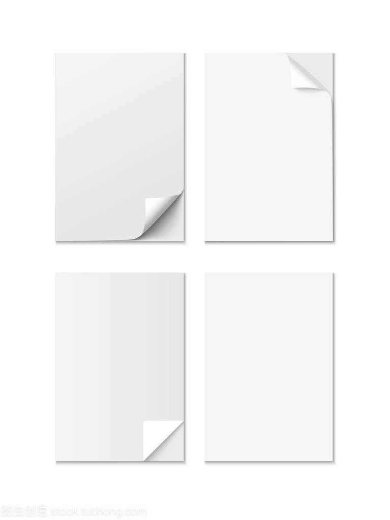 白色 A4 大小纸张和不同的卷角的现实矢量集