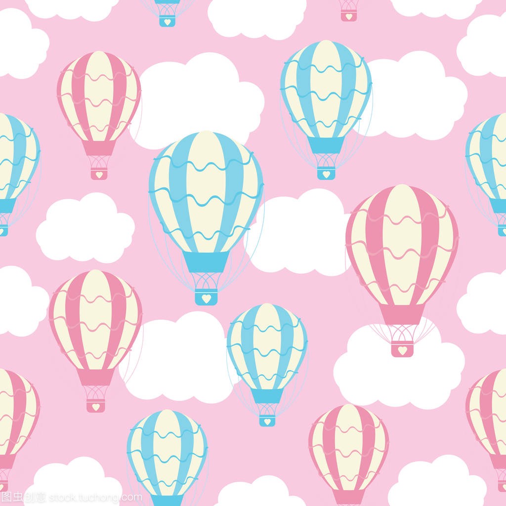 婴儿淋浴无缝模式与可爱热气球上粉红色的天空