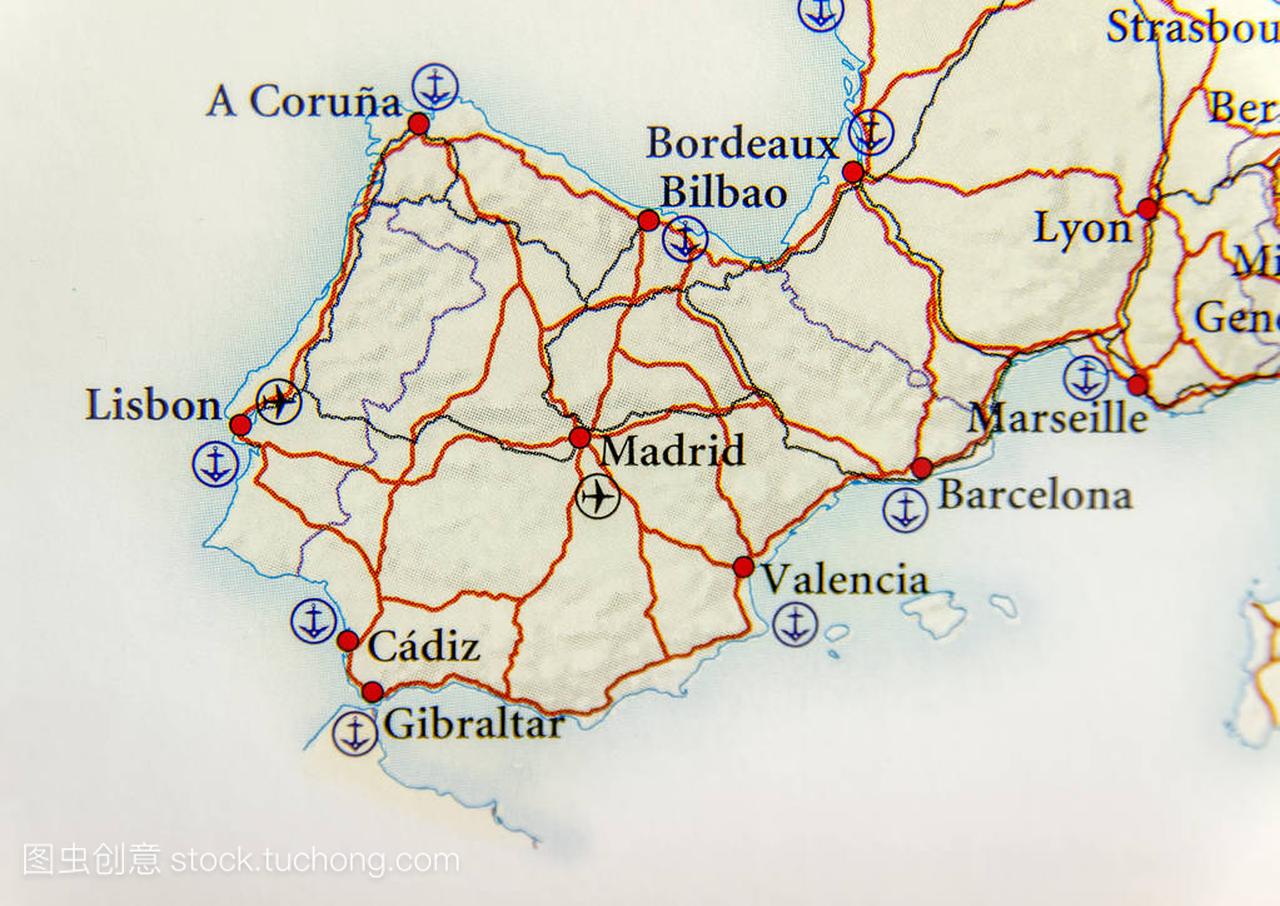 欧洲国家西班牙与重要城市的地理地图