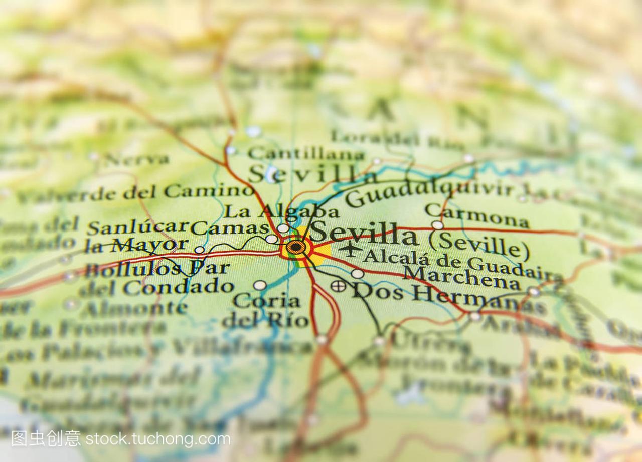 欧洲国家西班牙塞维利亚城的地理地图