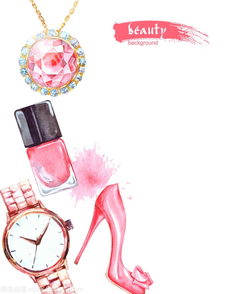 水彩化妆艺术家对象︰ 珠宝、 妇女的手表、 鞋