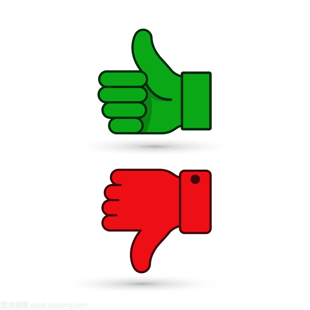 大拇指,大拇指向下,绿色和红色的图标。矢量