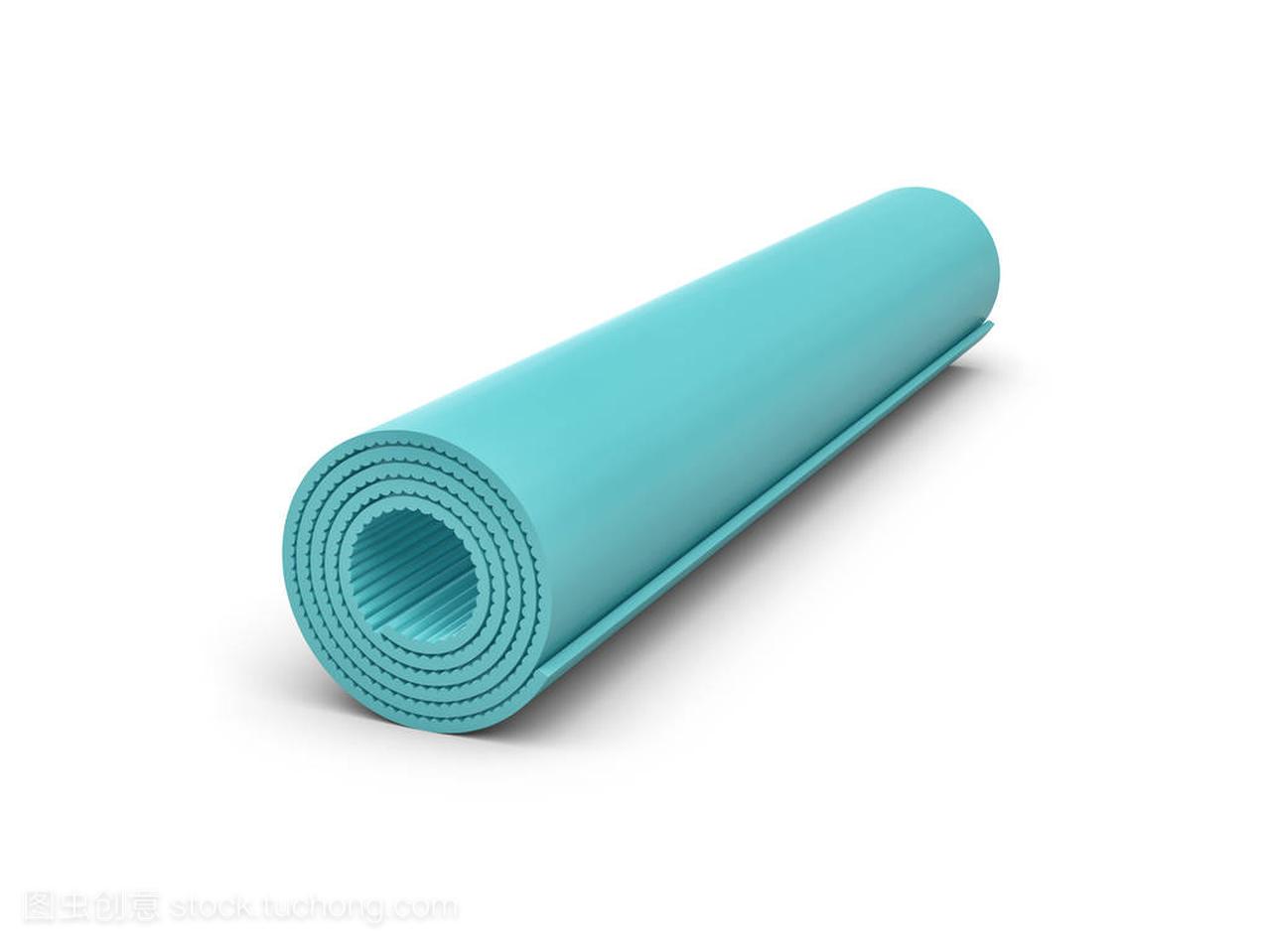 3d 渲染的淡蓝色瑜伽垫锻炼被卷起白色背景上