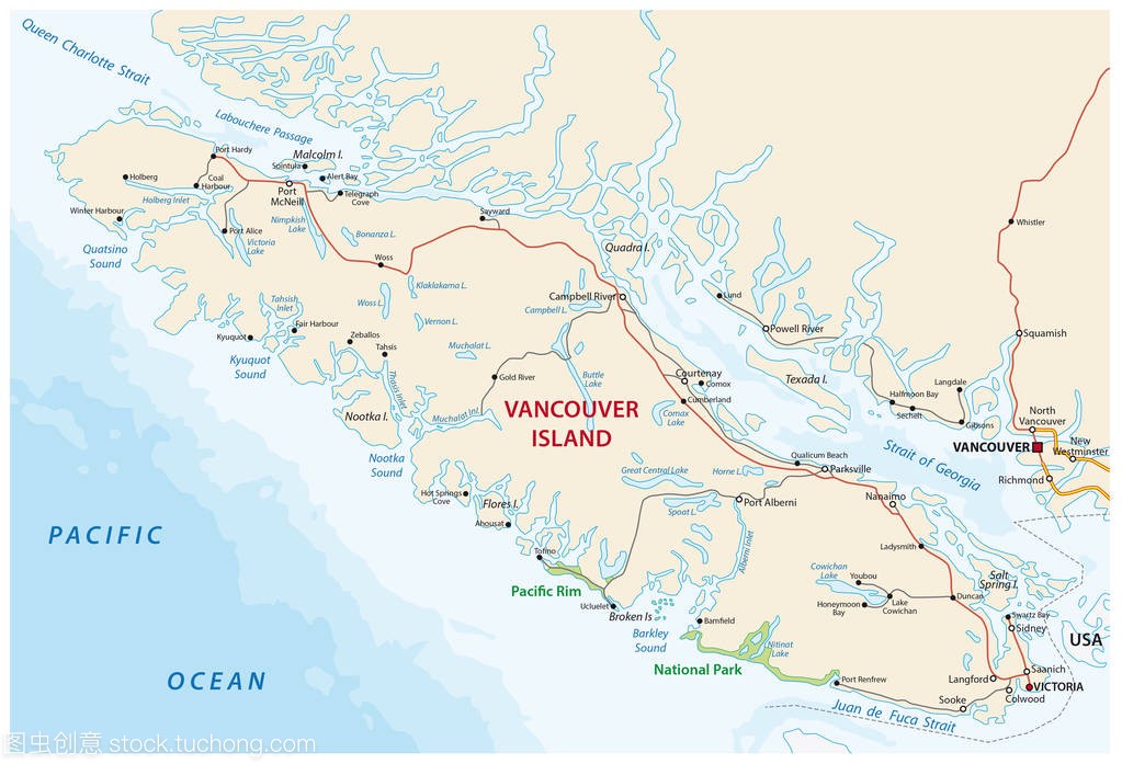 加拿大温哥华岛的矢量地图