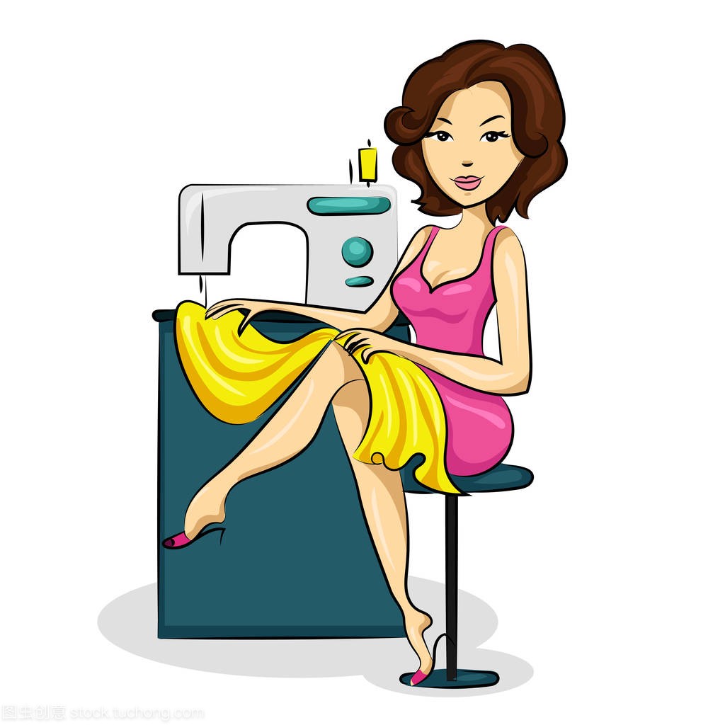 涂鸦缝纫机上的黄色连衣裙的女裁缝