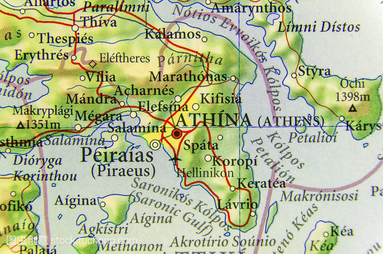 欧洲国家希腊雅典城的地理地图
