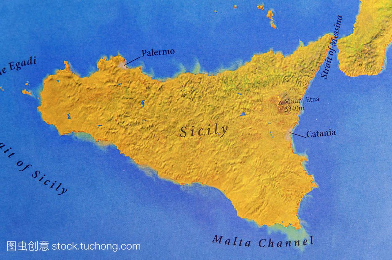 欧洲国家意大利西西里岛的地理地图