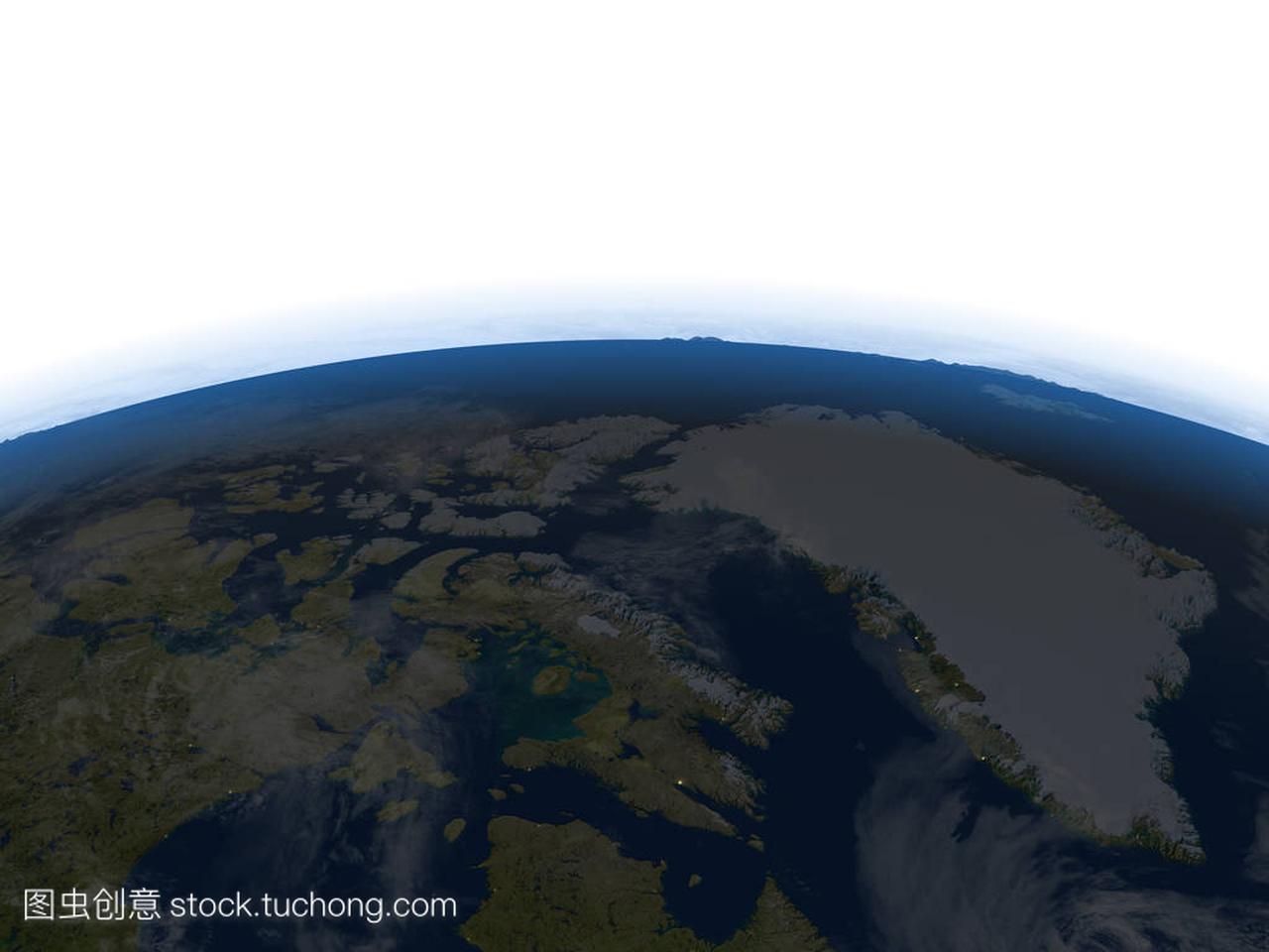 加拿大北部和格陵兰岛在晚上在地球上