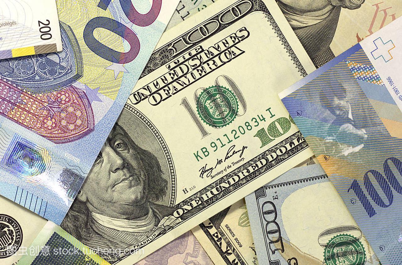 钱背景美国美元、 欧元和瑞士法郎