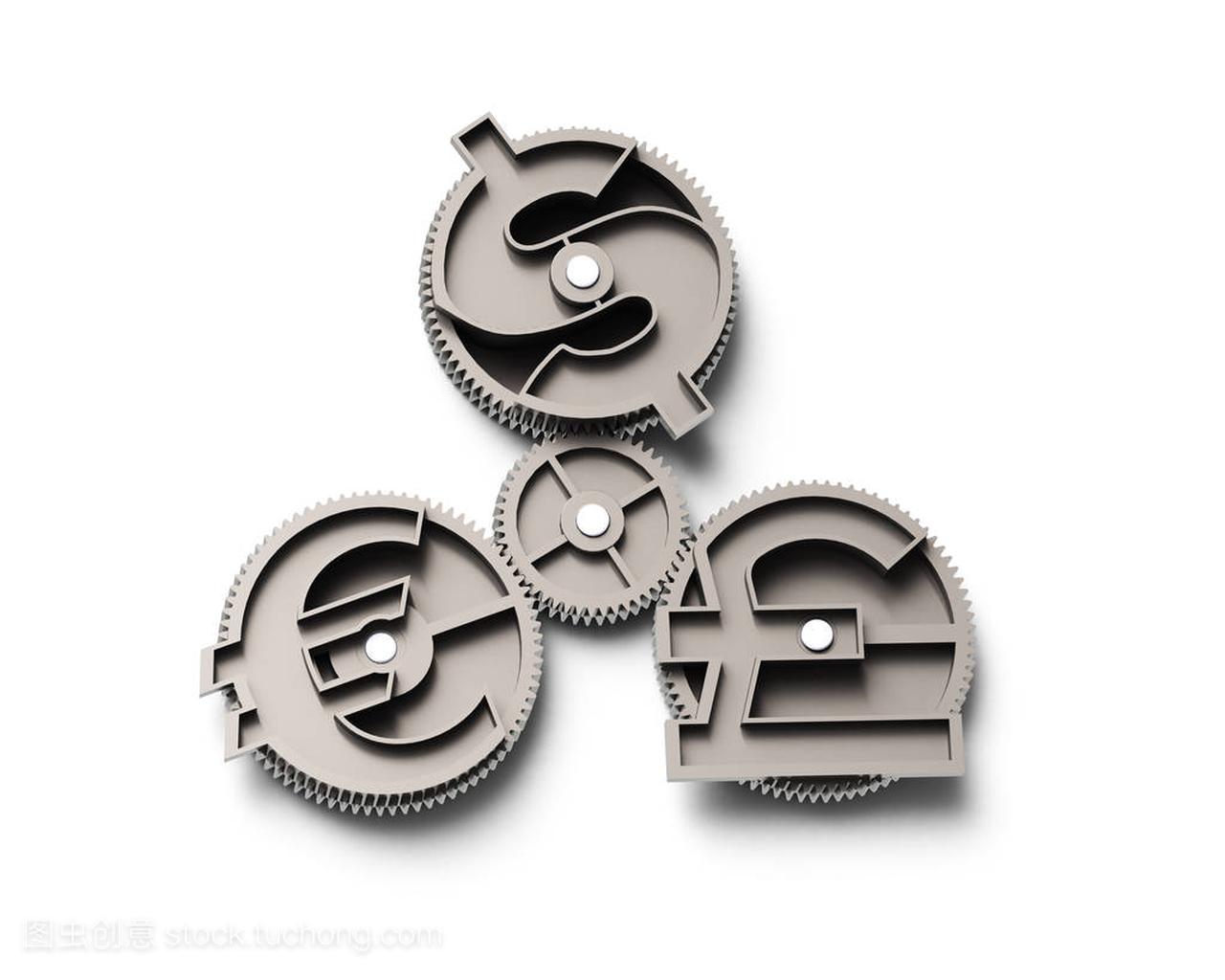 齿轮的美元符号,英镑和欧元符号,3d 图
