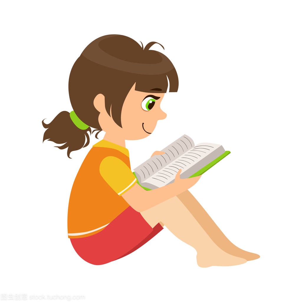 女孩坐在地板上看书,孩子们爱读矢量插图系列