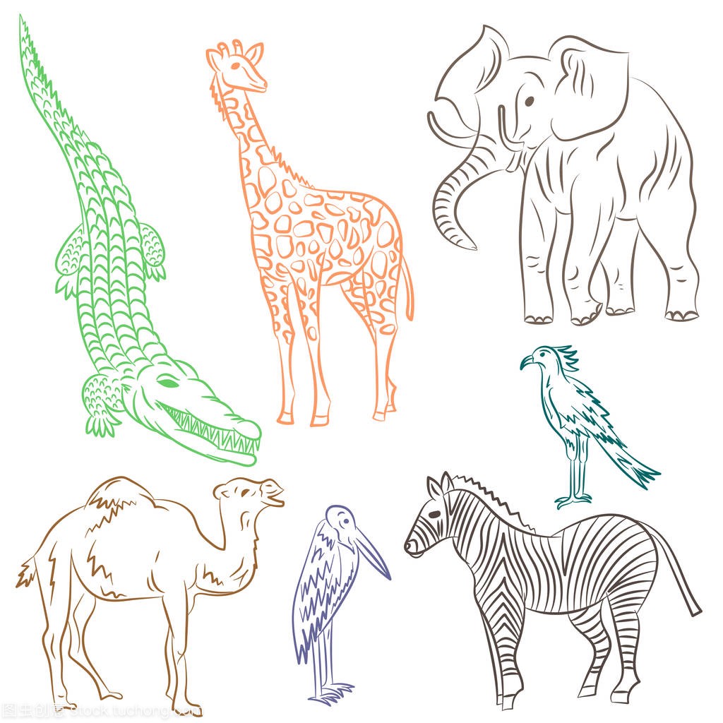 多彩手绘非洲动物和鸟类。涂鸦的大象、 斑马